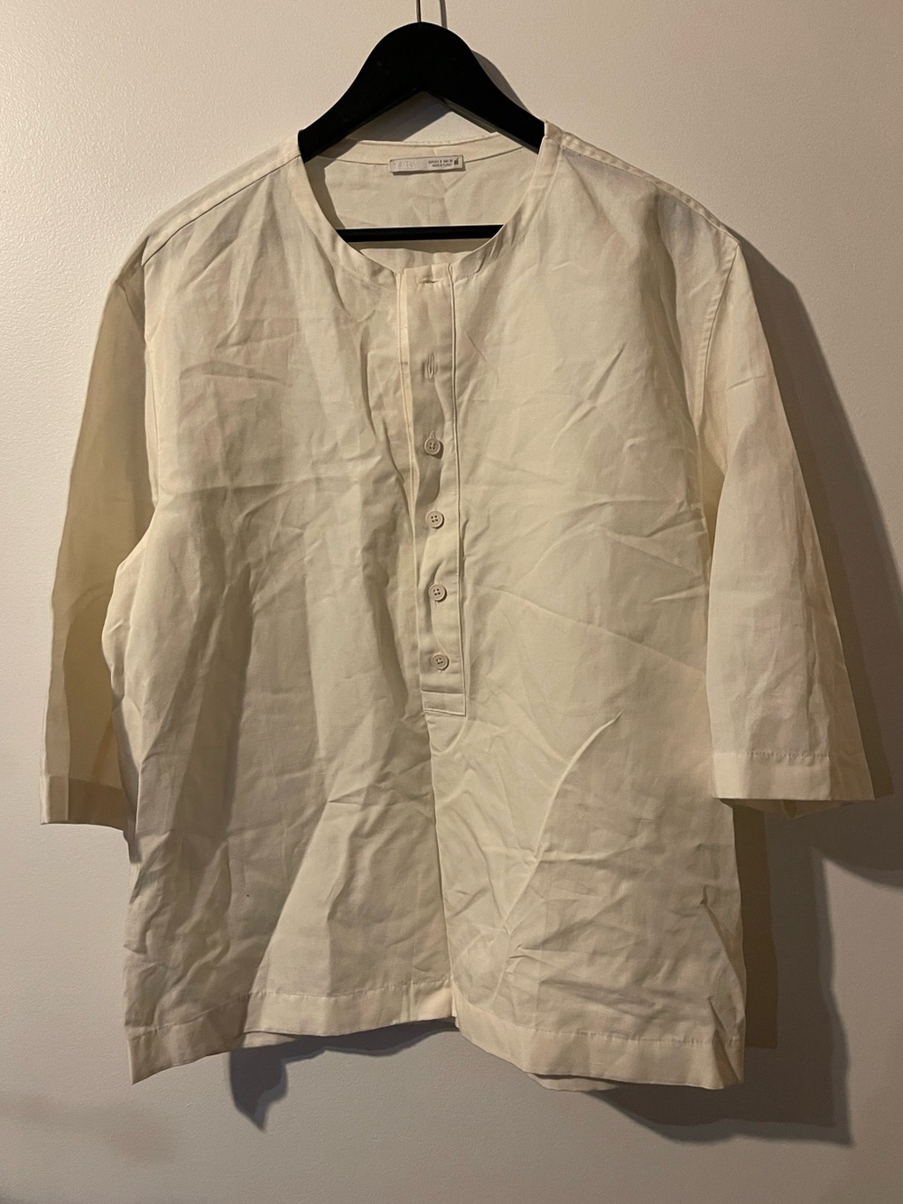 Zara Off White Cotton Lyocell Henley Button Tunic Blouse Top S